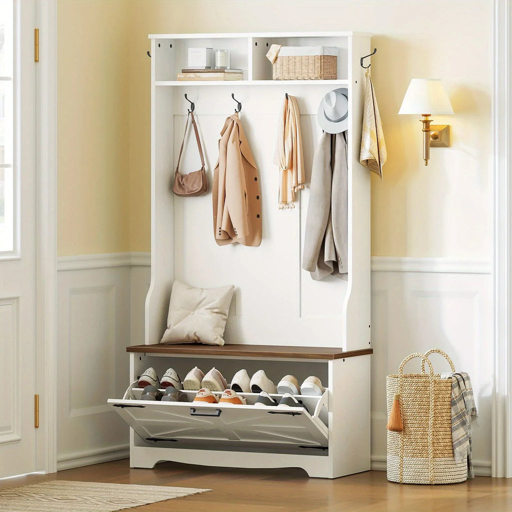 Entryway Bench with Coat Rack and Shoe Cabinet, Hall Tree with Bench, Flip Drawers, Farmhouse Hall Tree with Shoe Organizer, Mud Room, White and Walnut House Of Avana