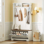 Entryway Bench with Coat Rack and Shoe Cabinet, Hall Tree with Bench, Flip Drawers, Farmhouse Hall Tree with Shoe Organizer, Mud Room, White and Walnut House Of Avana