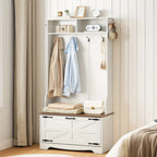 Entryway Bench with Coat Rack and Shoe Cabinet, Hall Tree with Bench, Flip Drawers, Farmhouse Hall Tree with Shoe Organizer, Mud Room, White and Walnut House Of Avana