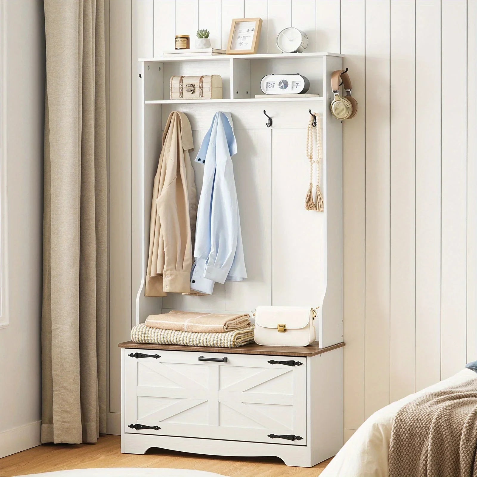 Entryway Bench with Coat Rack and Shoe Cabinet, Hall Tree with Bench, Flip Drawers, Farmhouse Hall Tree with Shoe Organizer, Mud Room, White and Walnut House Of Avana