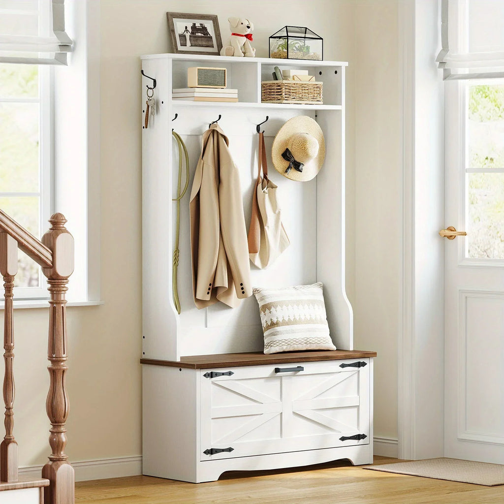Entryway Bench with Coat Rack and Shoe Cabinet, Hall Tree with Bench, Flip Drawers, Farmhouse Hall Tree with Shoe Organizer, Mud Room, White and Walnut House Of Avana