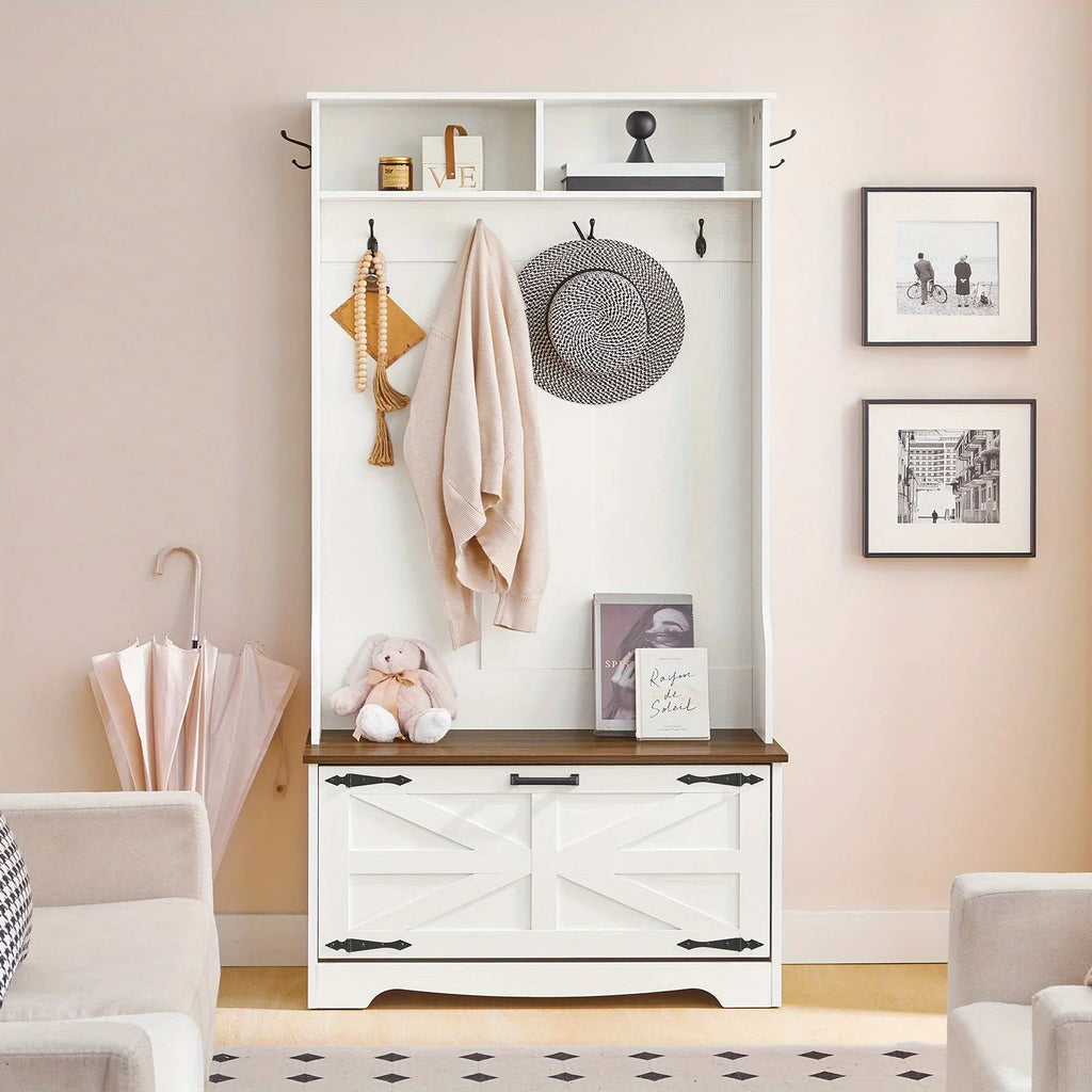 Entryway Bench with Coat Rack and Shoe Cabinet, Hall Tree with Bench, Flip Drawers, Farmhouse Hall Tree with Shoe Organizer, Mud Room, White and Walnut House Of Avana