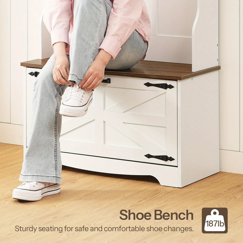 Entryway Bench with Coat Rack and Shoe Cabinet, Hall Tree with Bench, Flip Drawers, Farmhouse Hall Tree with Shoe Organizer, Mud Room, White and Walnut House Of Avana