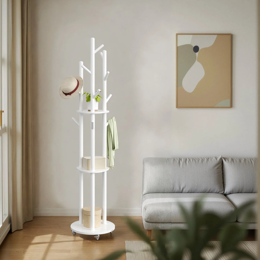 Freestanding Coat Rack Stand, Coat Tree with 11 Hooks, 3 Shelves, 4 Removable Wheels, for Hallway, Bedroom, Living Room House Of Avana