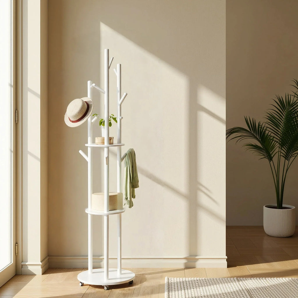 Freestanding Coat Rack Stand, Coat Tree with 11 Hooks, 3 Shelves, 4 Removable Wheels, for Hallway, Bedroom, Living Room House Of Avana