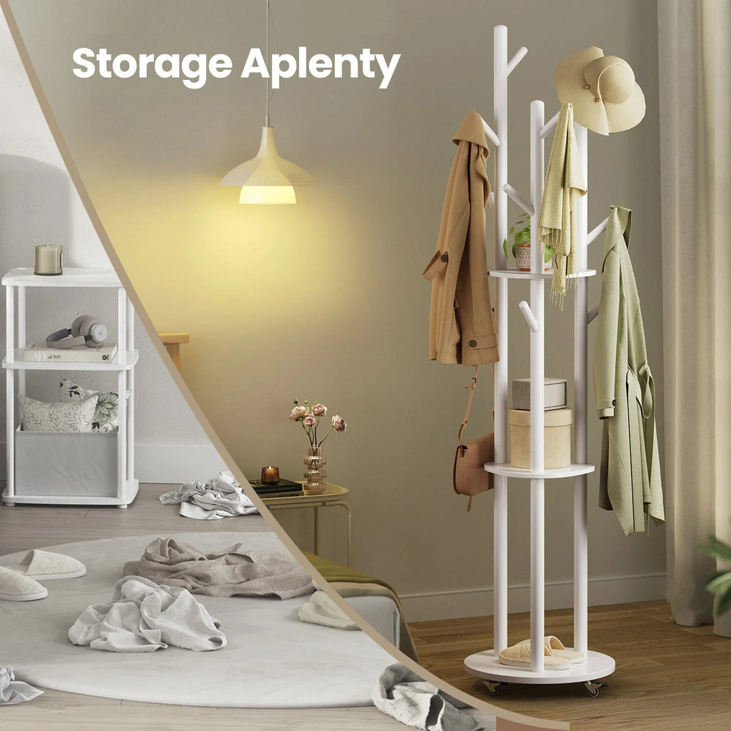 Freestanding Coat Rack Stand, Coat Tree with 11 Hooks, 3 Shelves, 4 Removable Wheels, for Hallway, Bedroom, Living Room House Of Avana