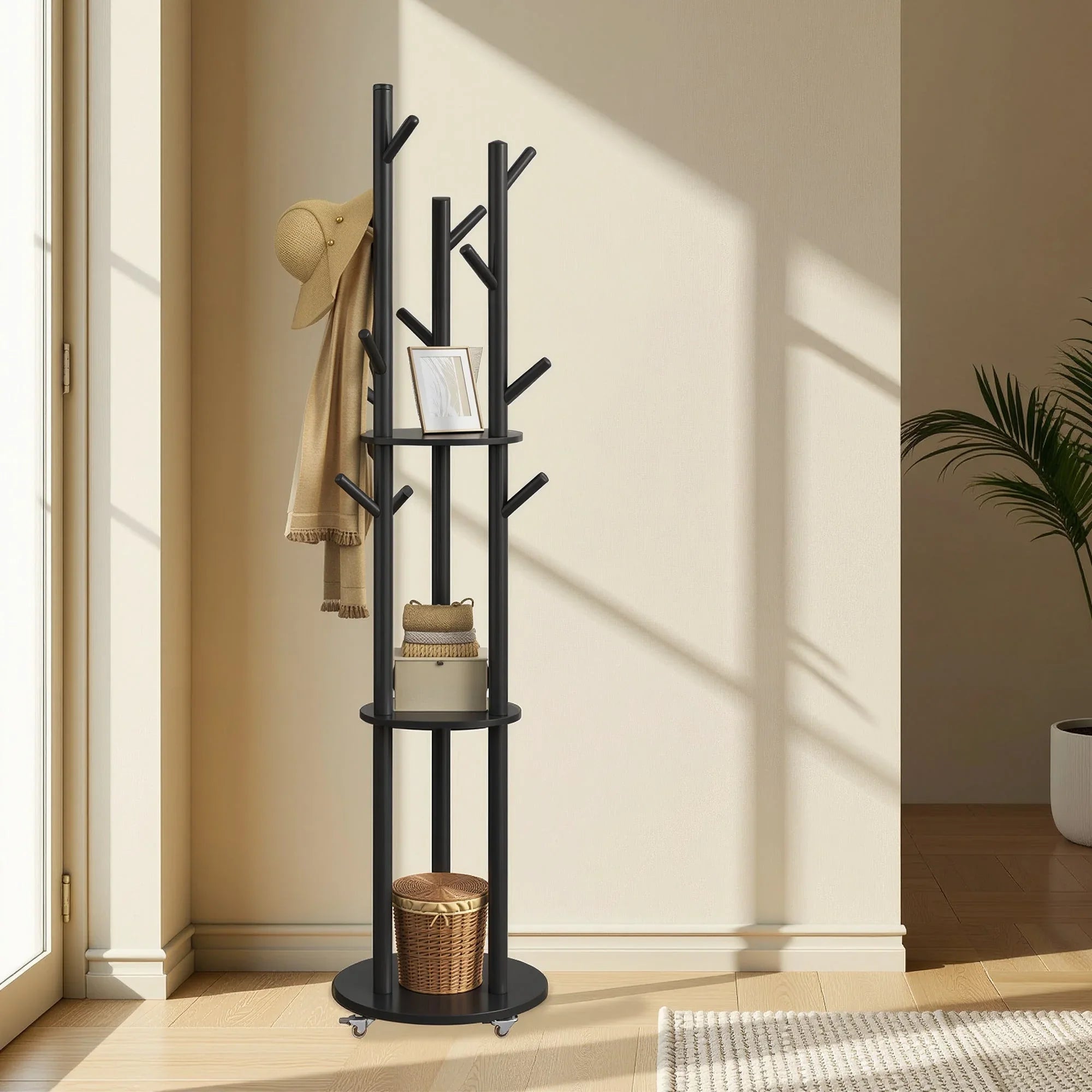 Freestanding Coat Rack Stand, Coat Tree with 11 Hooks, 3 Shelves, 4 Removable Wheels, for Hallway, Bedroom, Living Room House Of Avana