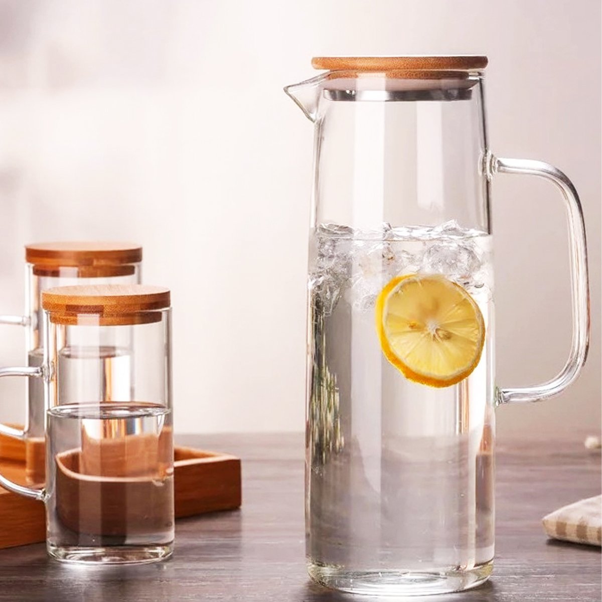 Hand Blown Glass & Bamboo Pitcher & Cups Tea + Linen