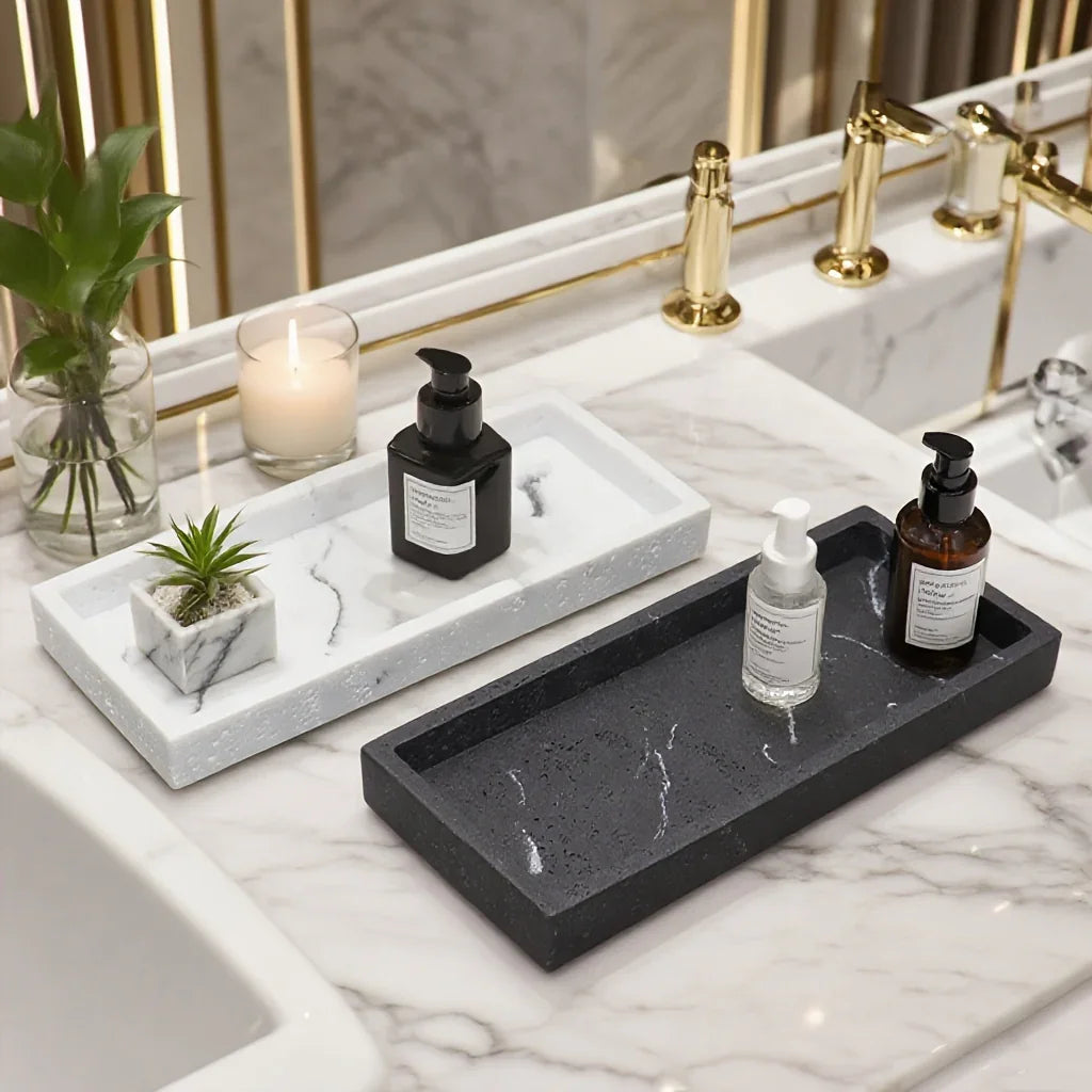 Light Luxury Artificial Stone Bathroom Decorative Tray, 25.2×10.64cm Rectangular Marble Texture Storage Tray, Bathroom Trays House Of Avana