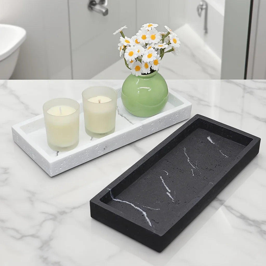 Light Luxury Artificial Stone Bathroom Decorative Tray, 25.2×10.64cm Rectangular Marble Texture Storage Tray, Bathroom Trays House Of Avana