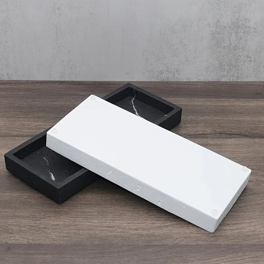 Light Luxury Artificial Stone Bathroom Decorative Tray, 25.2×10.64cm Rectangular Marble Texture Storage Tray, Bathroom Trays House Of Avana