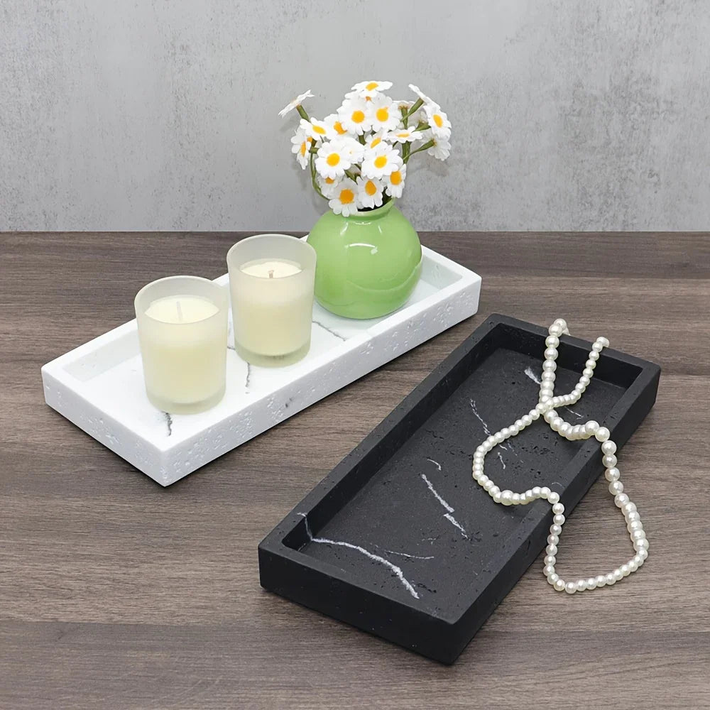 Light Luxury Artificial Stone Bathroom Decorative Tray, 25.2×10.64cm Rectangular Marble Texture Storage Tray, Bathroom Trays House Of Avana
