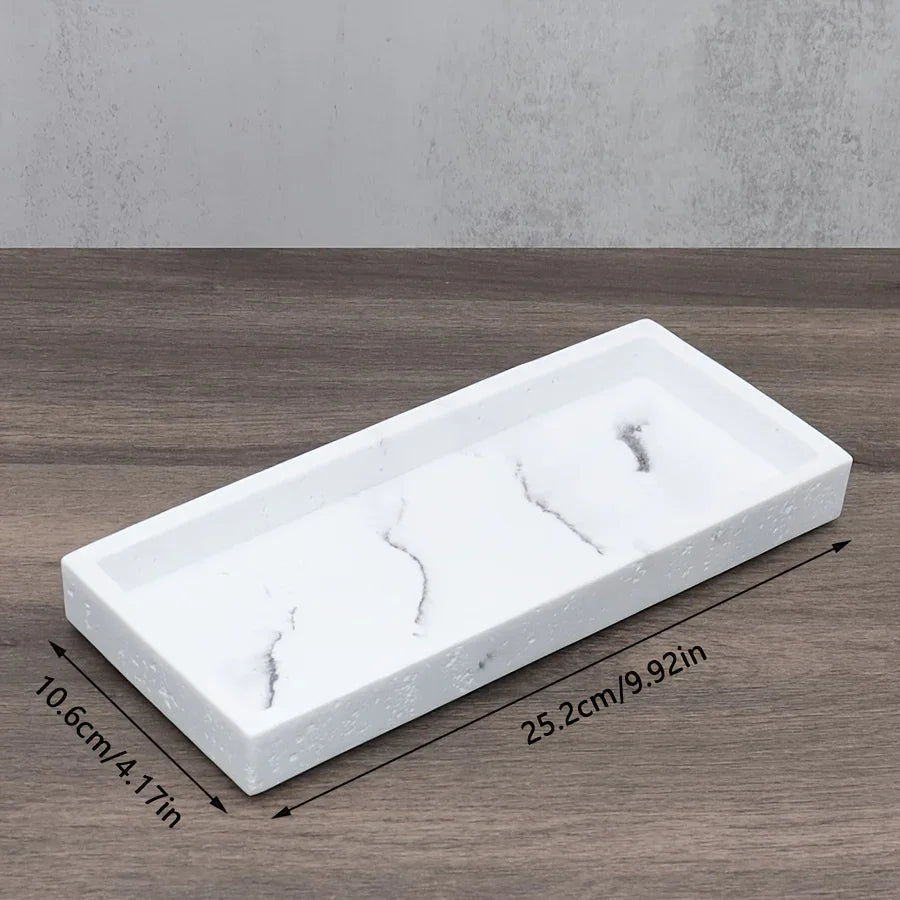 Light Luxury Artificial Stone Bathroom Decorative Tray, 25.2×10.64cm Rectangular Marble Texture Storage Tray, Bathroom Trays House Of Avana
