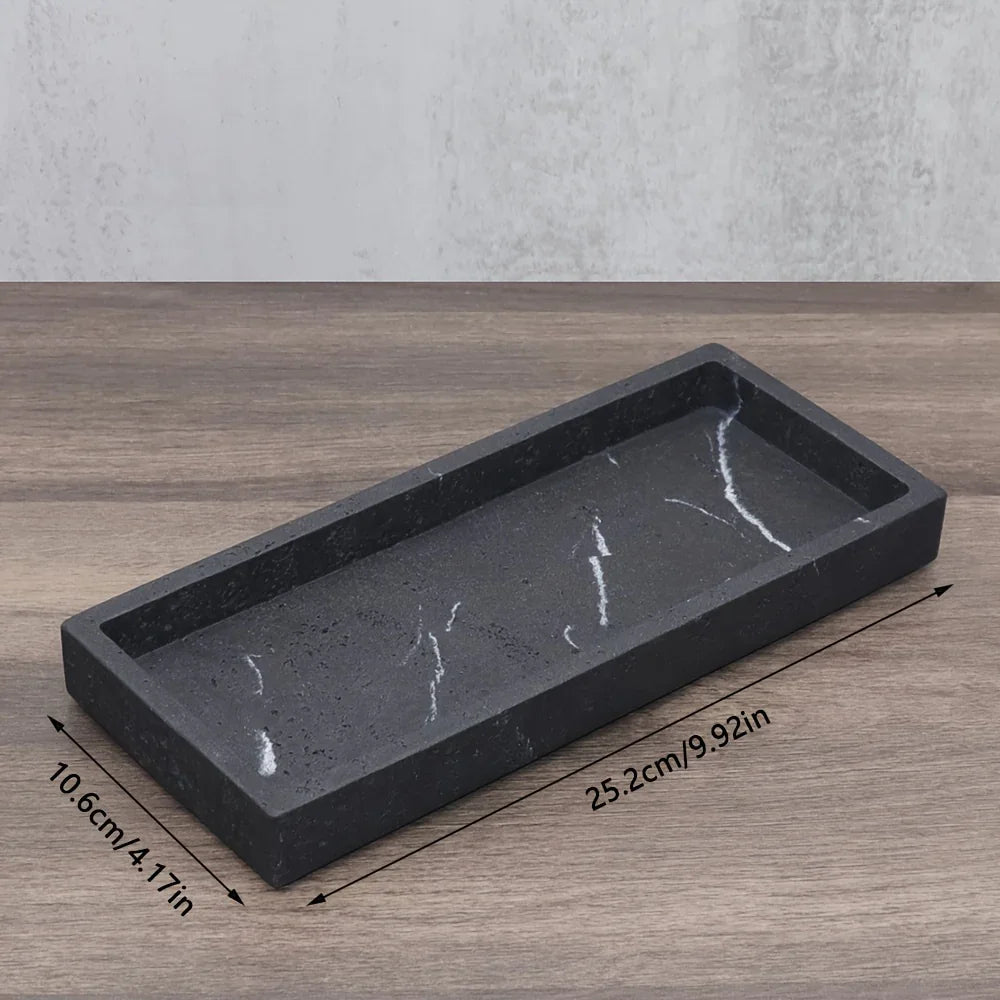 Light Luxury Artificial Stone Bathroom Decorative Tray, 25.2×10.64cm Rectangular Marble Texture Storage Tray, Bathroom Trays House Of Avana