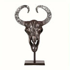 White bull skull decor with wooden stand, handcrafted ceramic - House of Avana