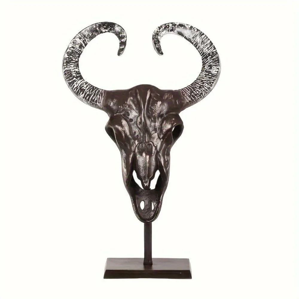 White bull skull decor with wooden stand, handcrafted ceramic - House of Avana