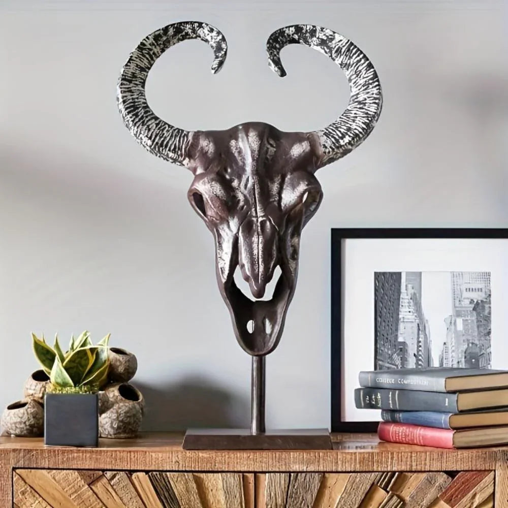 White bull skull decor with wooden stand, handcrafted ceramic - House of Avana