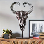 White bull skull decor with wooden stand, handcrafted ceramic - House of Avana