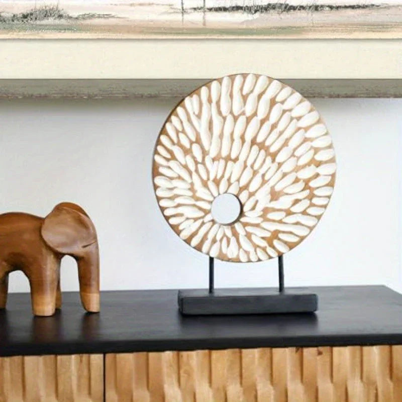 Handcrafted Circle Teak Sculpture with Stand, Decorative Piece for Home, Office, Living Room, Or Bedroom, Measuring 11.8 X 3.5 X 15 Inches. House Of Avana