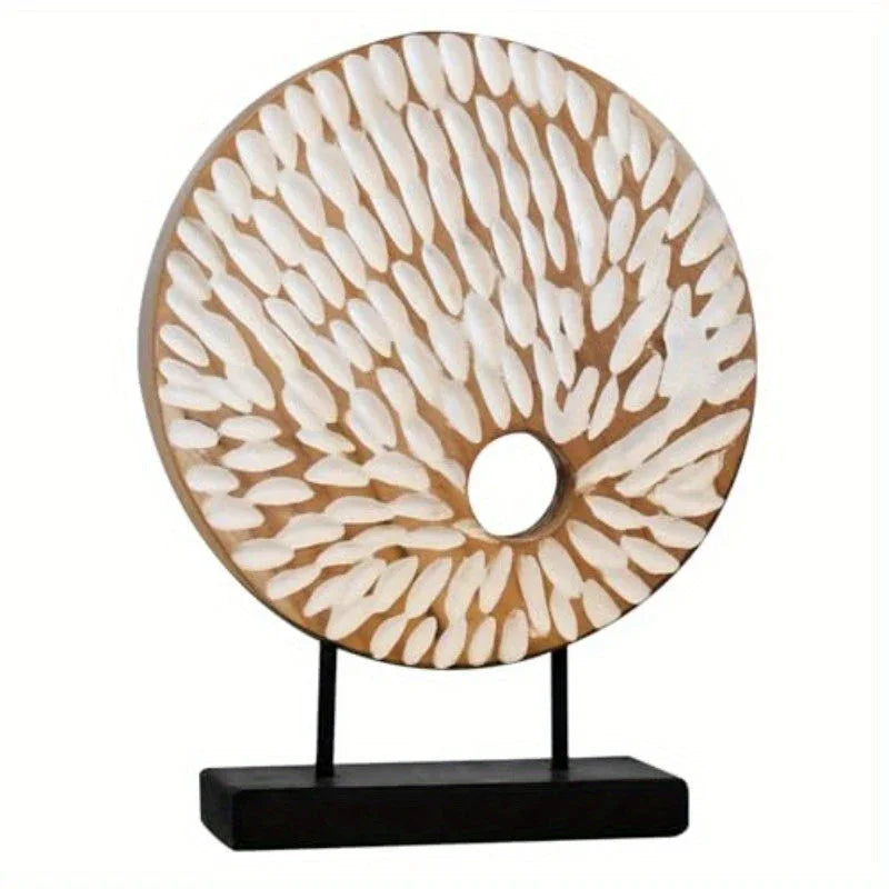 Handcrafted Circle Teak Sculpture with Stand, Decorative Piece for Home, Office, Living Room, Or Bedroom, Measuring 11.8 X 3.5 X 15 Inches. House Of Avana