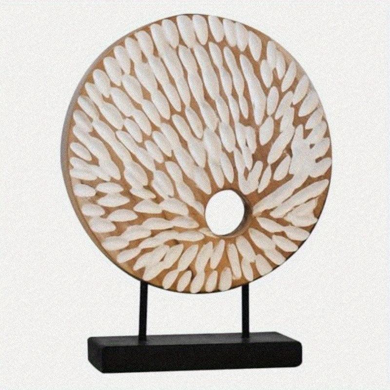 Handcrafted Circle Teak Sculpture with Stand, Decorative Piece for Home, Office, Living Room, Or Bedroom, Measuring 11.8 X 3.5 X 15 Inches. House Of Avana