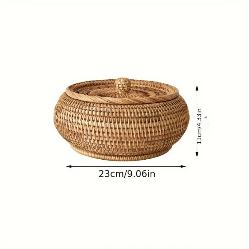 Round handcrafted natural rattan storage basket with a fitted lid and top knob for tea and snacks.