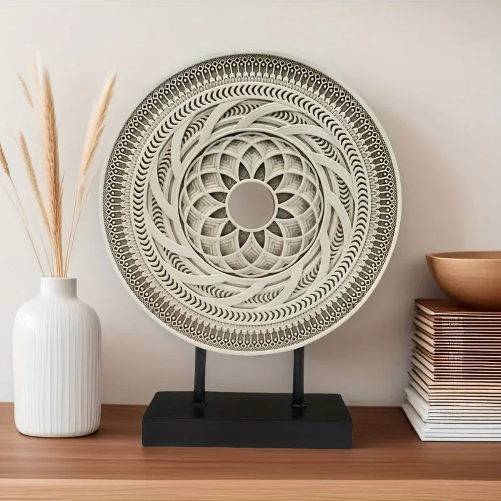 Handcrafted Round Carved Table Top Sculpture - House Of Avana