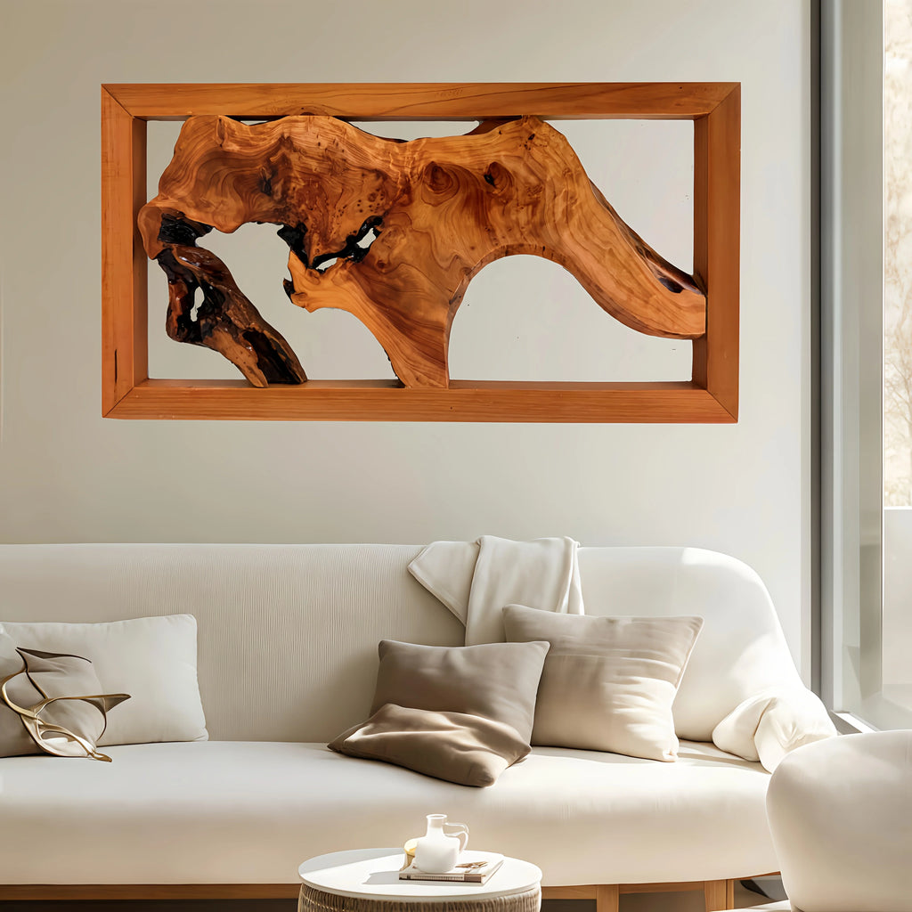 Handcrafted wood wall art, natural wood finish, unique irregular shape - House of Avana