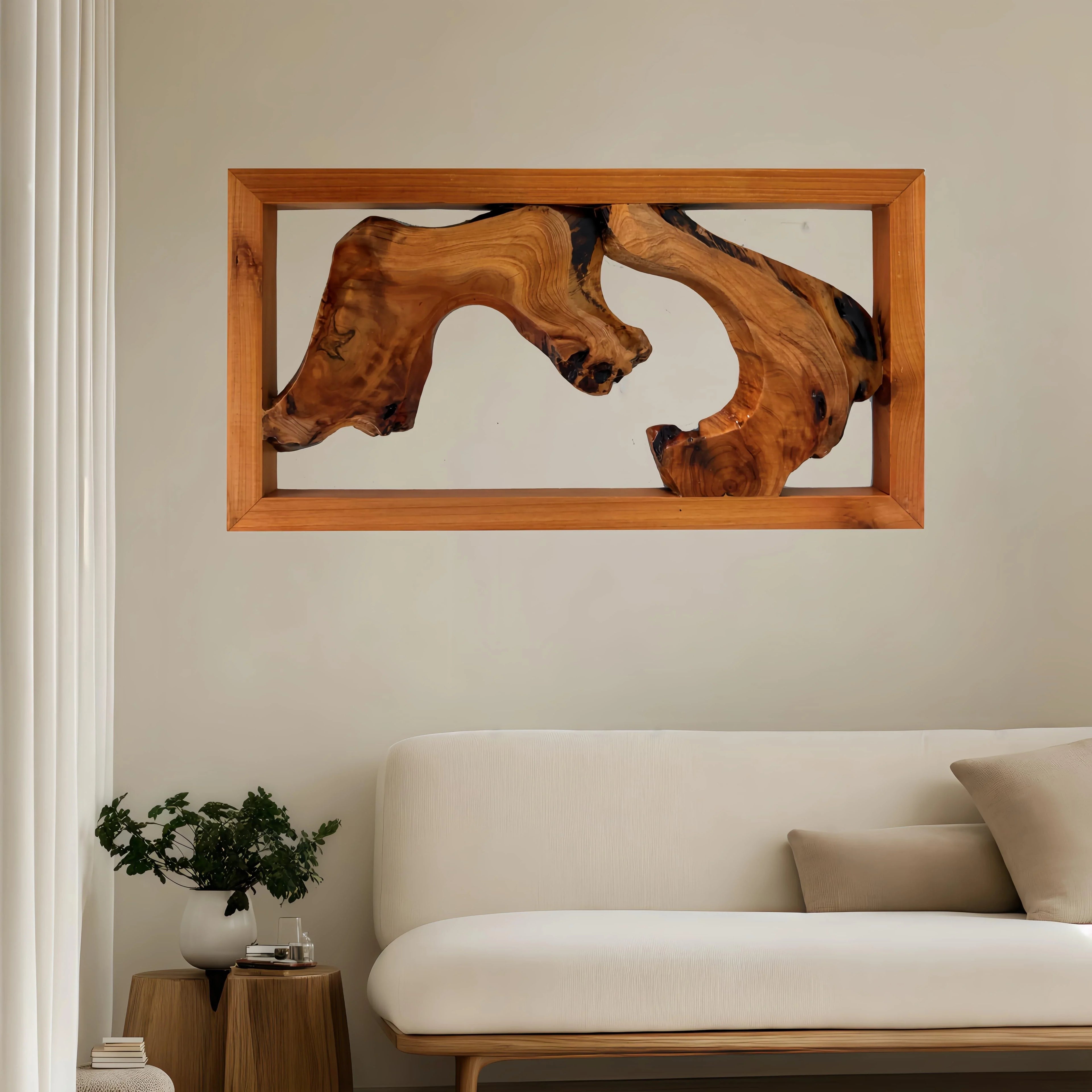 Handcrafted wood wall art, natural wood finish, unique irregular shape - House of Avana