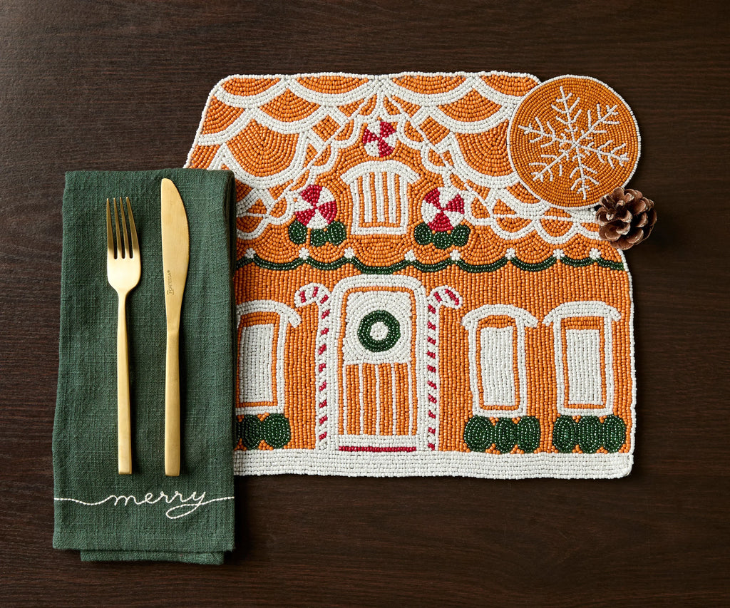 Handicraft Gingerbread House Beaded Placemat, Christmas decoration gift for her – Christmas Handmade Beaded Placemats for Dining Payton James