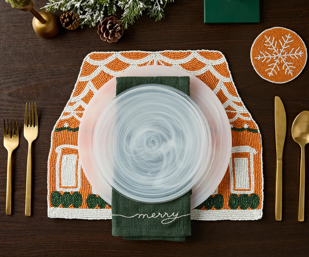 Handicraft Gingerbread House Beaded Placemat, Christmas decoration gift for her – Christmas Handmade Beaded Placemats for Dining Payton James