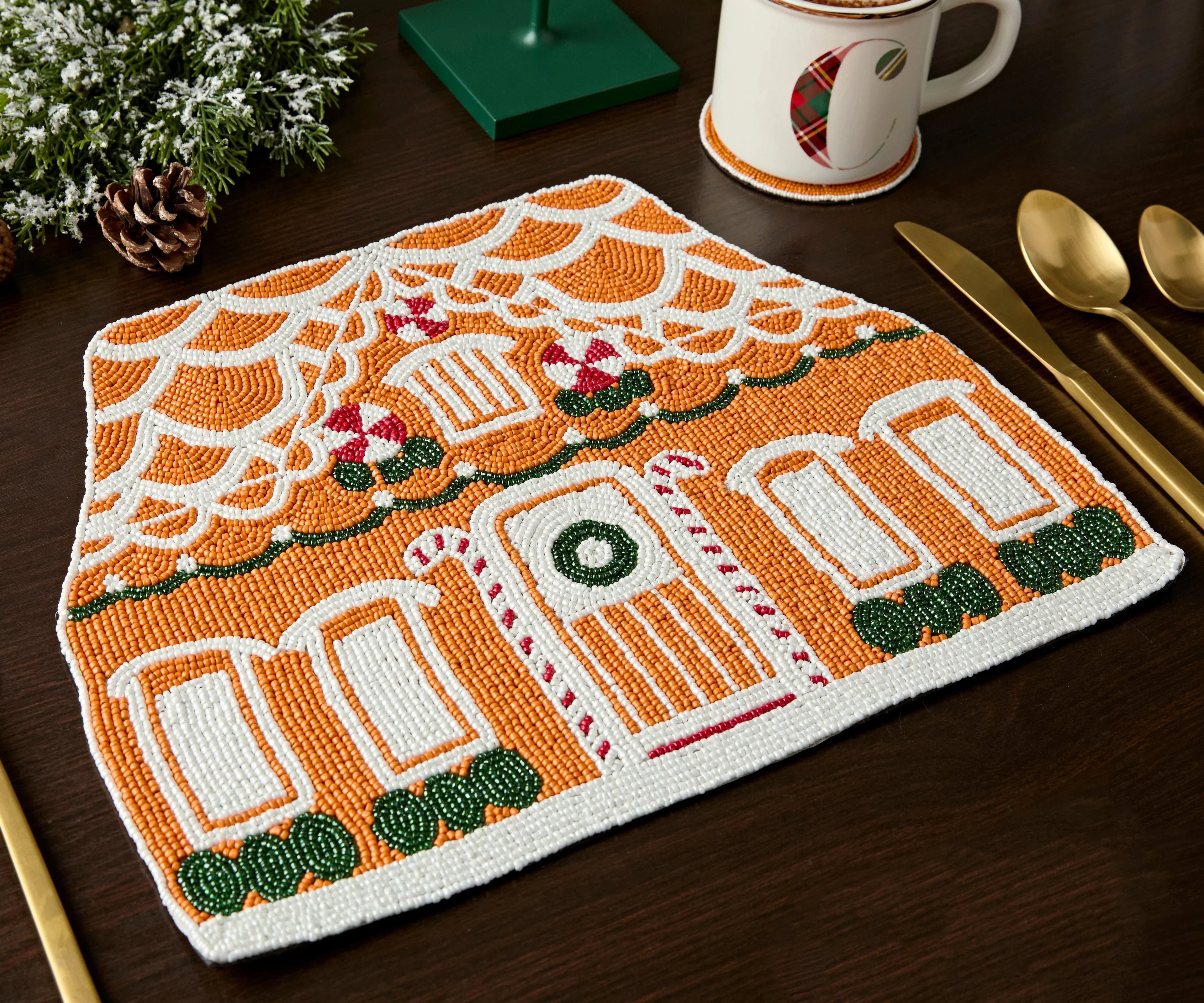 Handicraft Gingerbread House Beaded Placemat, Christmas decoration gift for her – Christmas Handmade Beaded Placemats for Dining Payton James