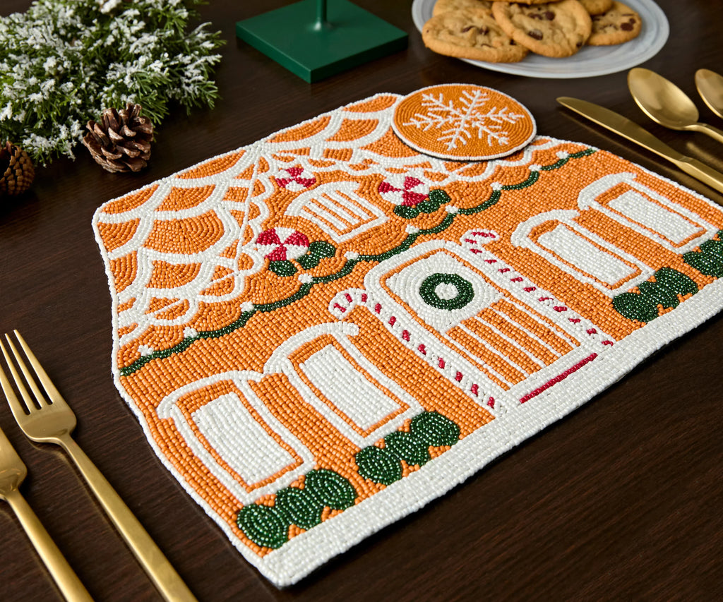 Handicraft Gingerbread House Beaded Placemat, Christmas decoration gift for her – Christmas Handmade Beaded Placemats for Dining Payton James