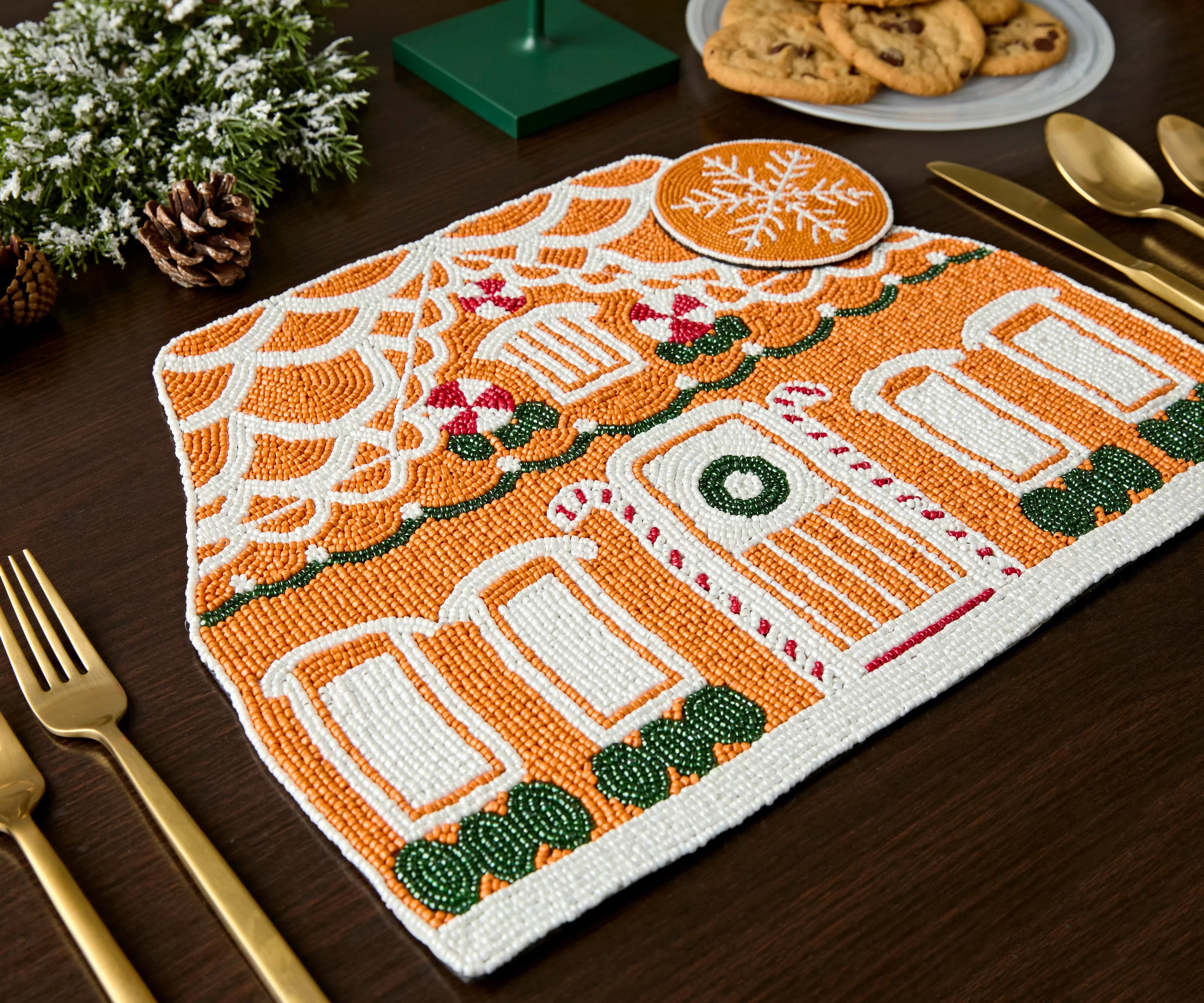 Handicraft Gingerbread House Beaded Placemat, Christmas decoration gift for her – Christmas Handmade Beaded Placemats for Dining Payton James