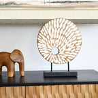 Handmade Abstract Circle Teak Sculpture with Stand - Modern Minimalist & Natural Plaster Art Piece, Sturdy Base Desktop Decor for Home Office, Living Room, Bedroom - 4.65x1.38x5.91inch, Versatile Centerpiece for Contemporary House Of Avana
