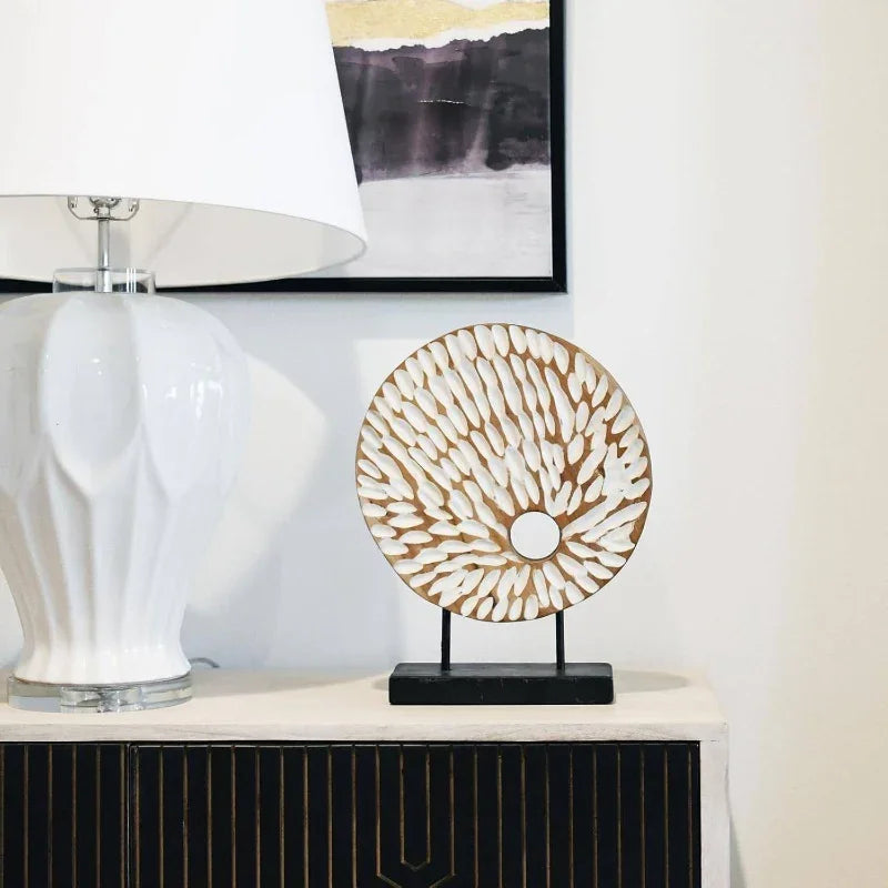 Handmade Abstract Circle Teak Sculpture with Stand - Modern Minimalist & Natural Plaster Art Piece, Sturdy Base Desktop Decor for Home Office, Living Room, Bedroom - 4.65x1.38x5.91inch, Versatile Centerpiece for Contemporary House Of Avana