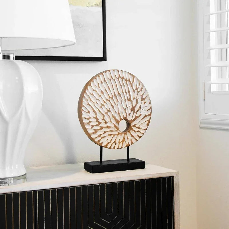 Handmade Abstract Circle Teak Sculpture with Stand - Modern Minimalist & Natural Plaster Art Piece, Sturdy Base Desktop Decor for Home Office, Living Room, Bedroom - 4.65x1.38x5.91inch, Versatile Centerpiece for Contemporary House Of Avana