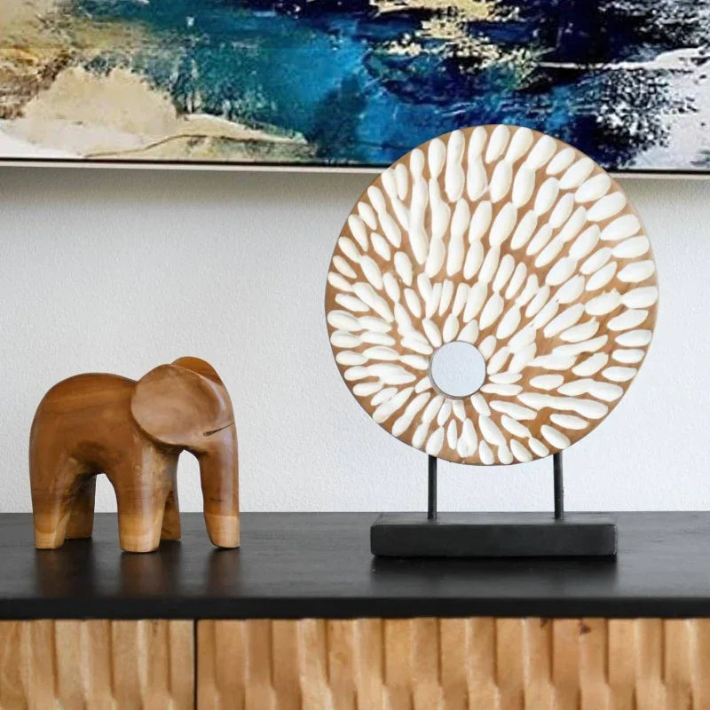 Handmade Abstract Circle Teak Sculpture with Stand - Modern Minimalist & Natural Plaster Art Piece, Sturdy Base Desktop Decor for Home Office, Living Room, Bedroom - 4.65x1.38x5.91inch, Versatile Centerpiece for Contemporary House Of Avana