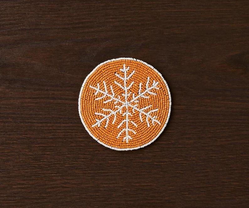 Handmade Beaded Christmas Snowflakes Coasters, White and Yellow Beads, Payton James Holiday Table Decor, Elegant Centerpiece Gift Idea Payton James