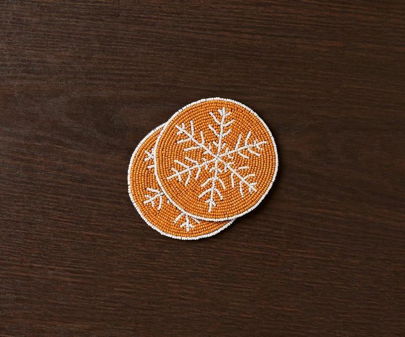 Handmade Beaded Christmas Snowflakes Coasters, White and Yellow Beads, Payton James Holiday Table Decor, Elegant Centerpiece Gift Idea Payton James