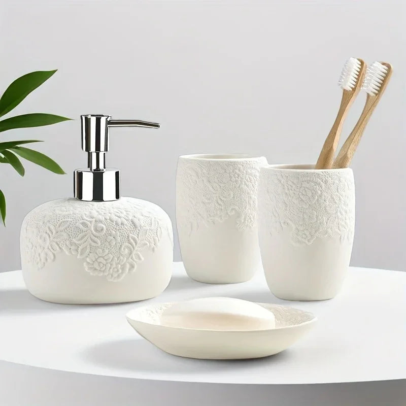 4pcs Ceramic Carved Bathroom Set: Soap Dispenser, Mouthwash Cup, Toothbrush Holder, Soap Dish House Of Avana