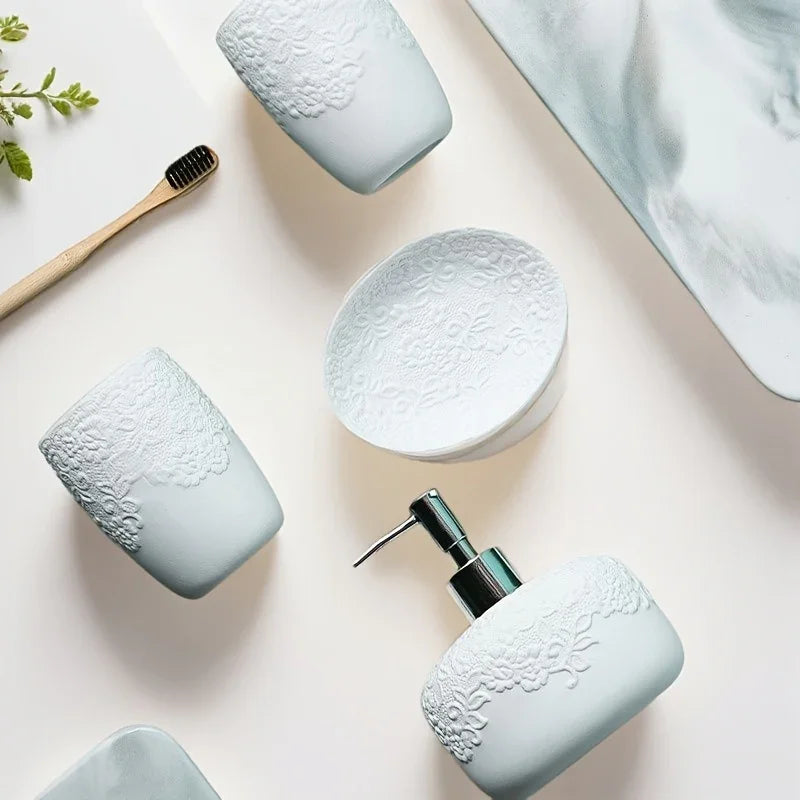 4pcs Ceramic Carved Bathroom Set: Soap Dispenser, Mouthwash Cup, Toothbrush Holder, Soap Dish House Of Avana