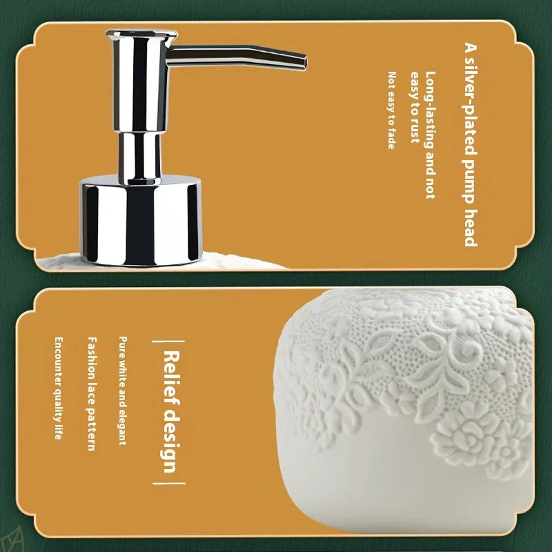 4pcs Ceramic Carved Bathroom Set: Soap Dispenser, Mouthwash Cup, Toothbrush Holder, Soap Dish House Of Avana