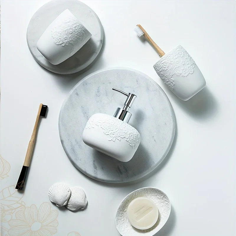 4pcs Ceramic Carved Bathroom Set: Soap Dispenser, Mouthwash Cup, Toothbrush Holder, Soap Dish House Of Avana