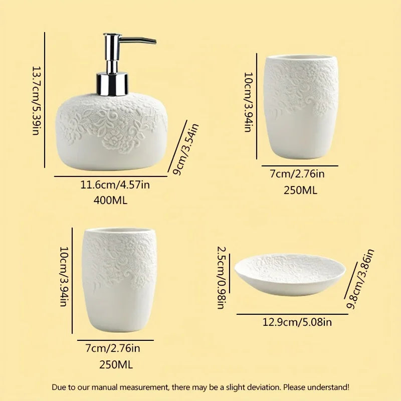 4pcs Ceramic Carved Bathroom Set: Soap Dispenser, Mouthwash Cup, Toothbrush Holder, Soap Dish House Of Avana
