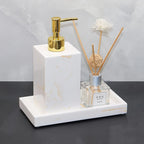 3pcs Elegant Sandstone Resin Bathroom Vanity Set - Modern Hand Soap Dispenser, Decorative Tray & Aromatherapy Sticks Holder in Golden and Beige - Easy to Clean, Perfect for Home & Hotel, Bathroom Trays House Of Avana