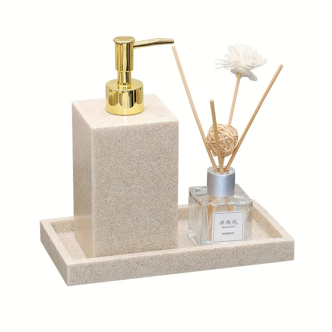 3pcs Elegant Sandstone Resin Bathroom Vanity Set - Modern Hand Soap Dispenser, Decorative Tray & Aromatherapy Sticks Holder in Golden and Beige - Easy to Clean, Perfect for Home & Hotel, Bathroom Trays House Of Avana
