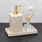 3pcs Elegant Sandstone Resin Bathroom Vanity Set - Modern Hand Soap Dispenser, Decorative Tray & Aromatherapy Sticks Holder in Golden and Beige - Easy to Clean, Perfect for Home & Hotel, Bathroom Trays House Of Avana