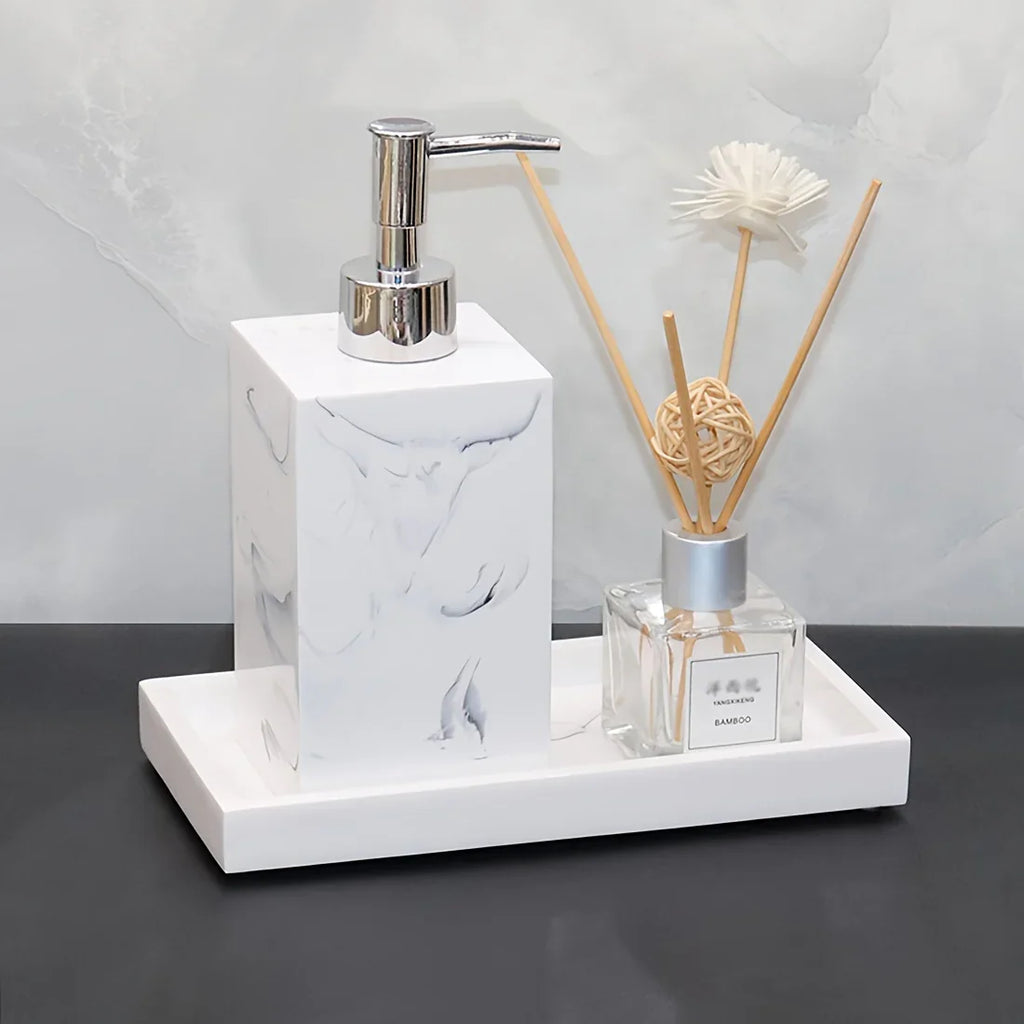 3pcs Elegant Sandstone Resin Bathroom Vanity Set - Modern Hand Soap Dispenser, Decorative Tray & Aromatherapy Sticks Holder in Golden and Beige - Easy to Clean, Perfect for Home & Hotel, Bathroom Trays House Of Avana
