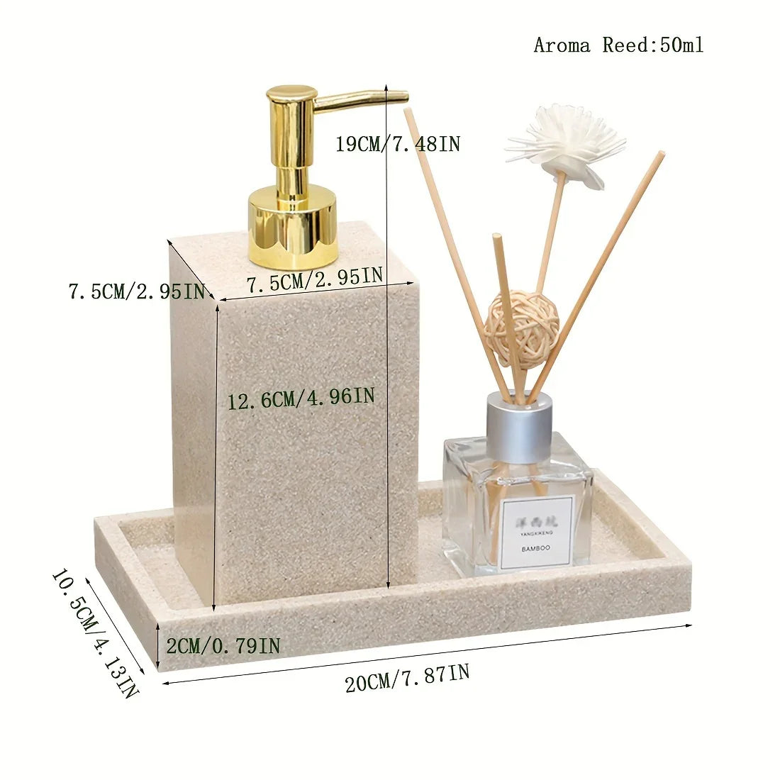 3pcs Elegant Sandstone Resin Bathroom Vanity Set - Modern Hand Soap Dispenser, Decorative Tray & Aromatherapy Sticks Holder in Golden and Beige - Easy to Clean, Perfect for Home & Hotel, Bathroom Trays House Of Avana
